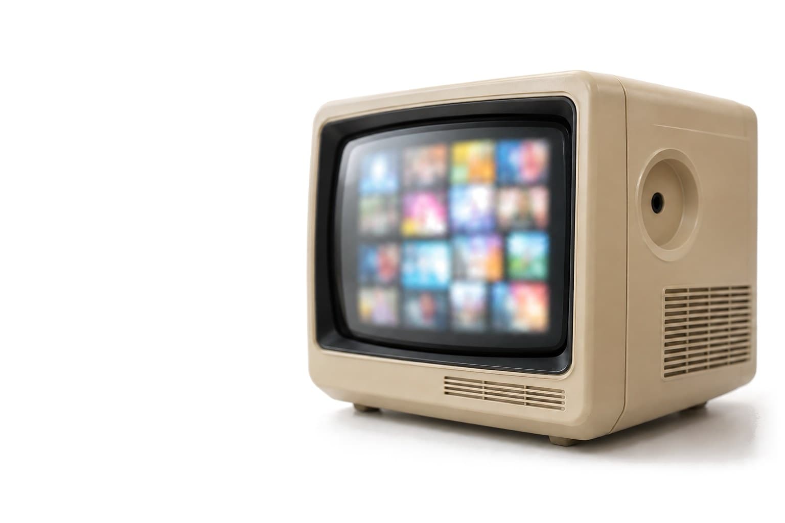 A beige 1980s portable television with an orange tuning knob