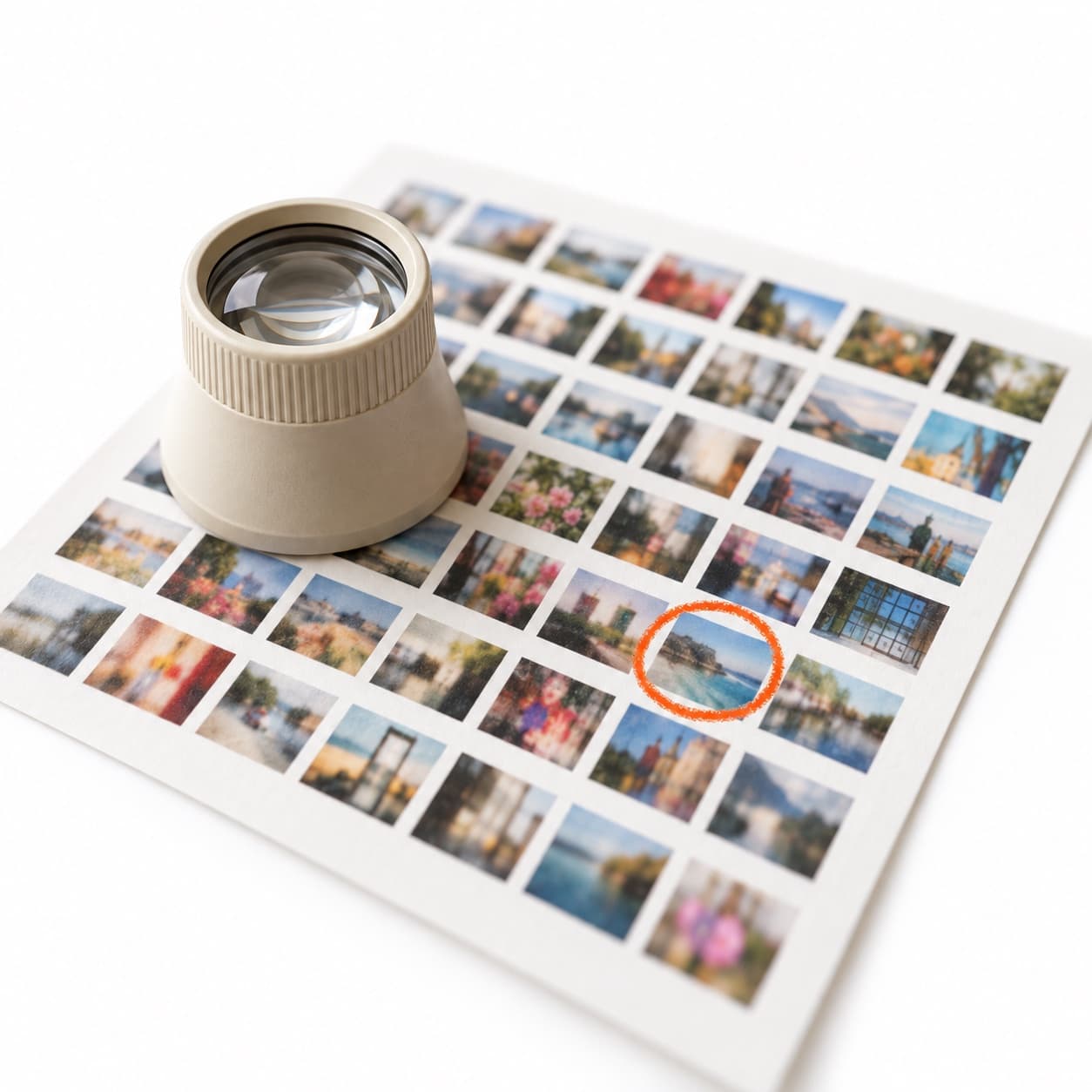 A loupe resting on a contact sheet with one frame circled in orange