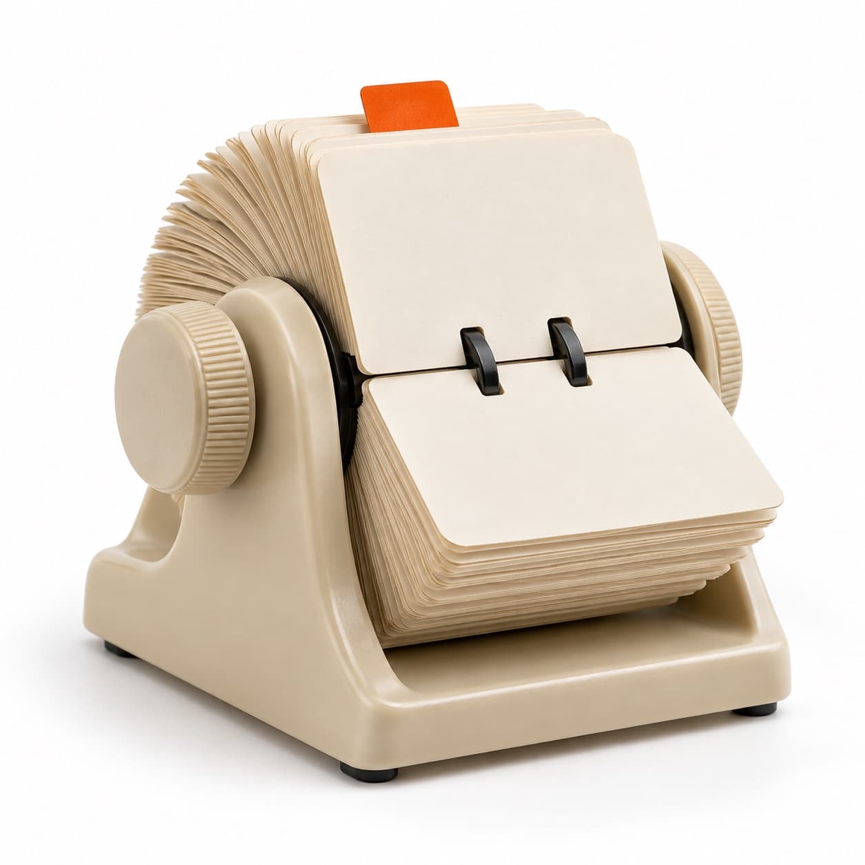 A beige rotary card file with one orange tab raised